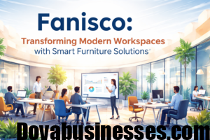 Modern office workspace with smart furniture solutions and collaborative environment representing Fanisco concept