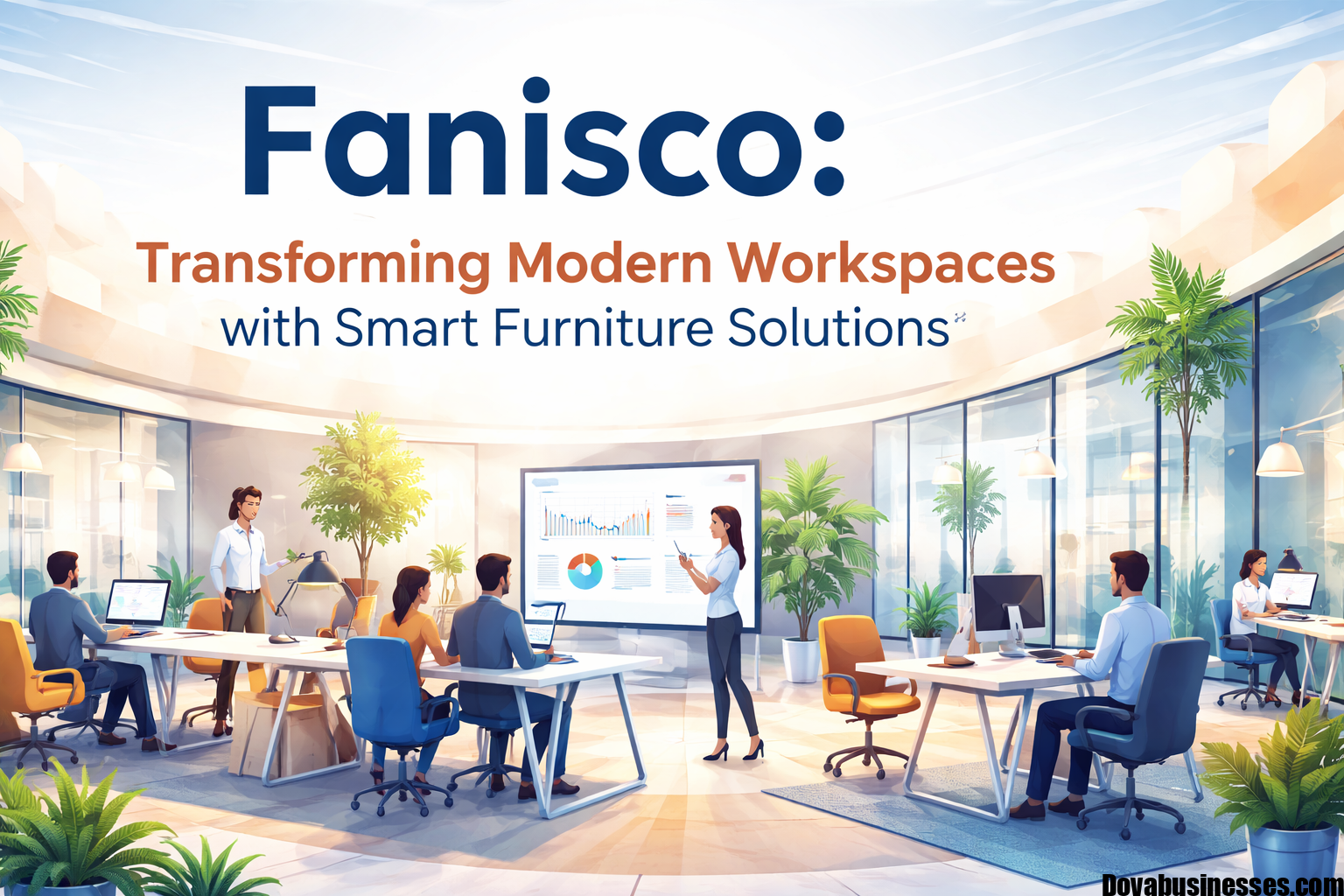 Modern office workspace with smart furniture solutions and collaborative environment representing Fanisco concept
