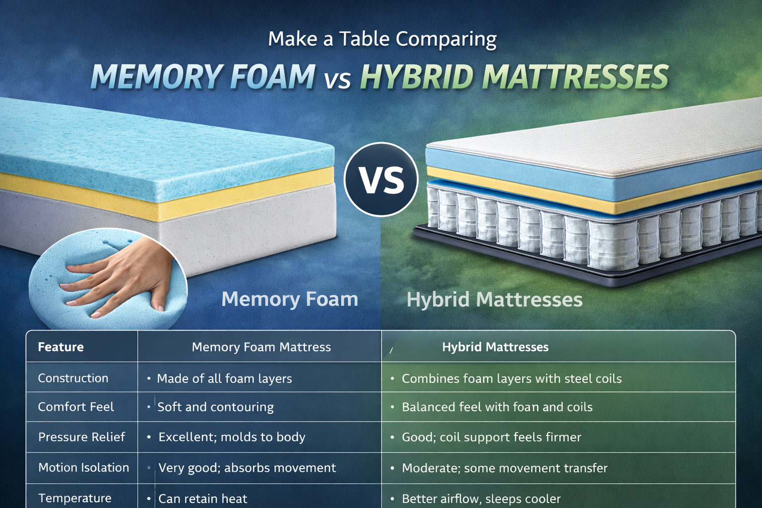 Make a Table Comparing Memory Foam vs Hybrid Mattresses