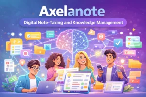 Axelanote digital note-taking concept showing organized notes, ideas, and productivity tools on a laptop workspace