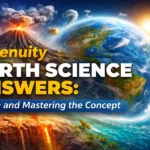 Earth science concepts including planet Earth, volcano, ocean waves, and space elements representing Edgenuity Earth Science answers course guide.