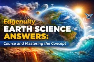 Earth science concepts including planet Earth, volcano, ocean waves, and space elements representing Edgenuity Earth Science answers course guide.
