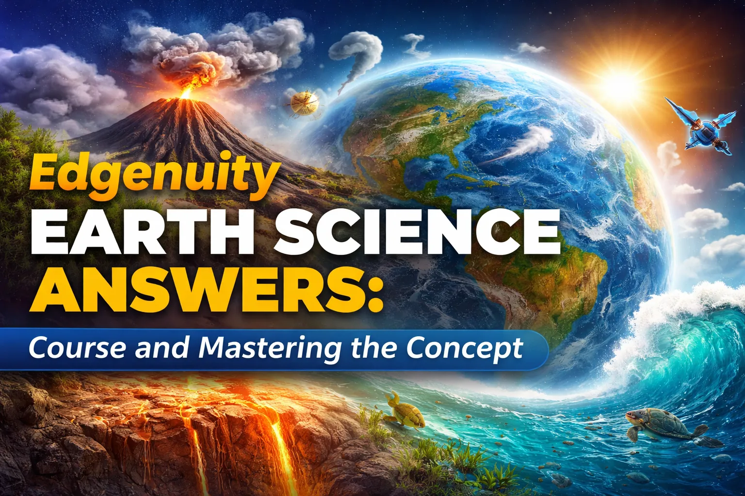 Earth science concepts including planet Earth, volcano, ocean waves, and space elements representing Edgenuity Earth Science answers course guide.